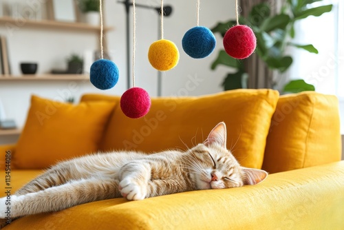 Cozy orange cat resting on bright yellow couch with colorful pom-poms in a modern living room photo