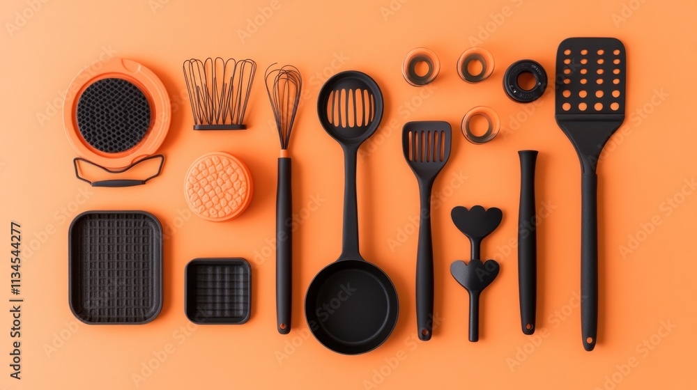 Flatlay of black and orange kitchen utensils on orange background.