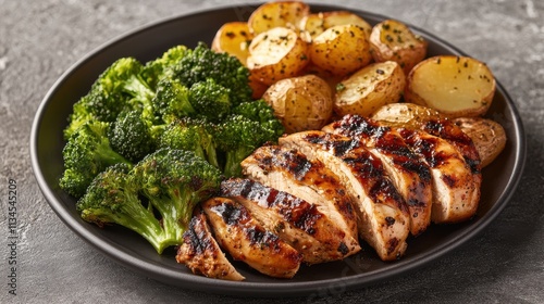 Healthy Nordic dinner plate with grilled chicken, steamed broccoli, and roasted potatoes photo