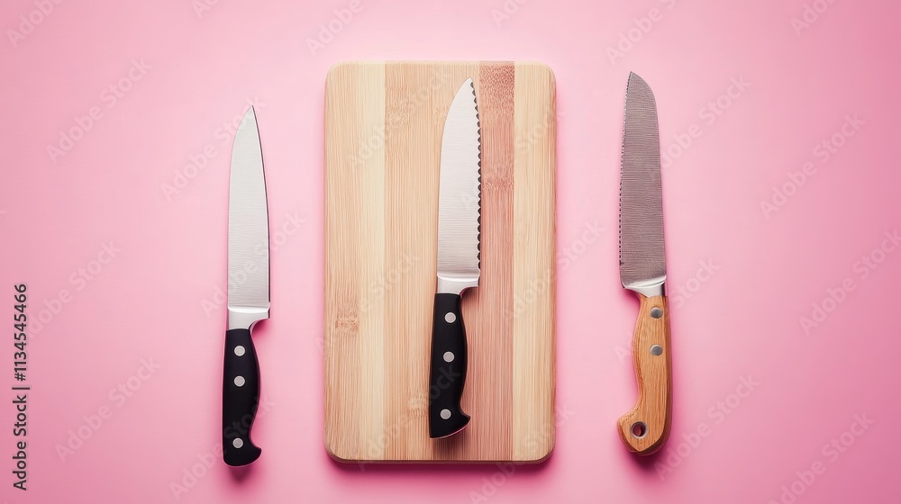 Culinary Essentials - Pastel Pink Flat Lay with Knife, Peeler, and Cutting Board for Cooking Enthusiasts Culinary Essentials - Pastel Pink Flat Lay with Knife, Peeler, and Cutting Board for Cooking Enthusiasts