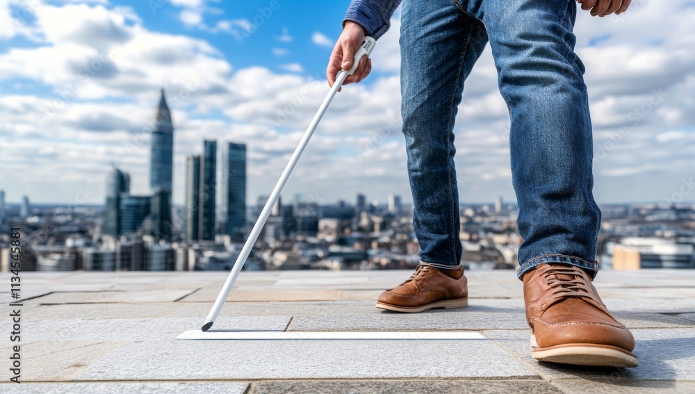 Blind person using a white cane to navigate on the street with a city background Blind person using a white cane to navigate on the street with a city background