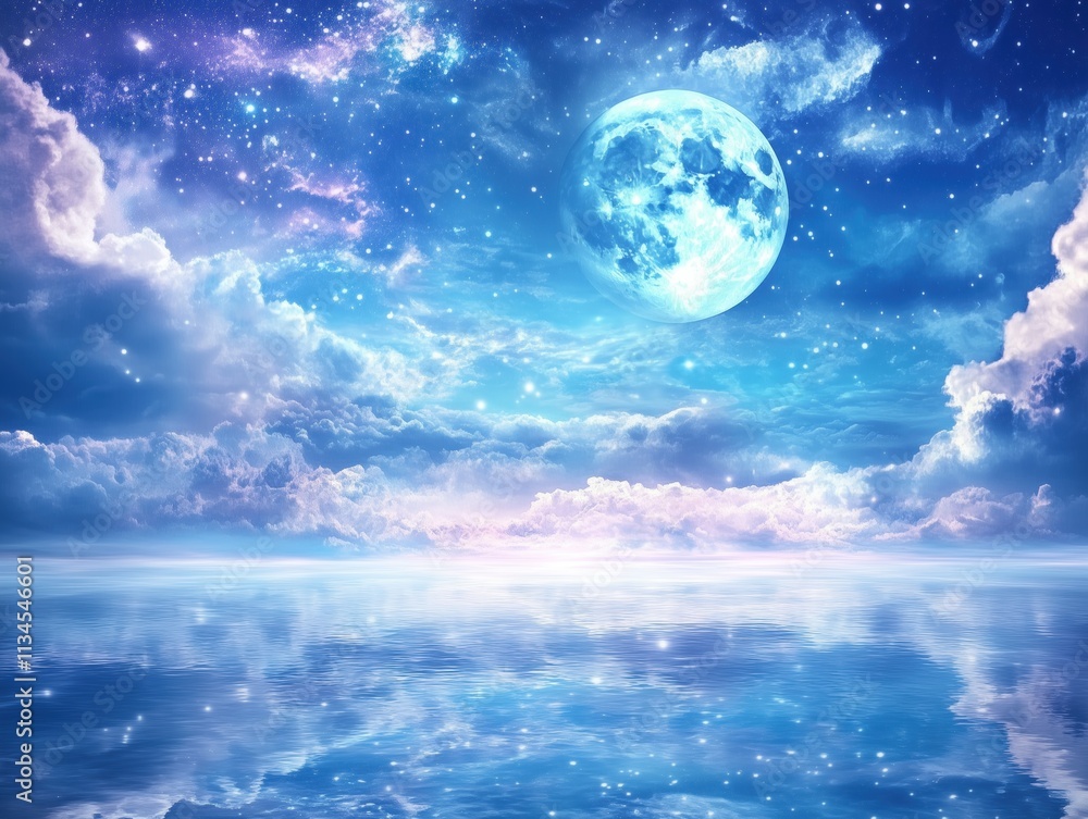 Night landscape with big moon, starry sky and water surface. The atmosphere is dreamy and peaceful. Night landscape with big moon, starry sky and water surface. The atmosphere is dreamy and peaceful.