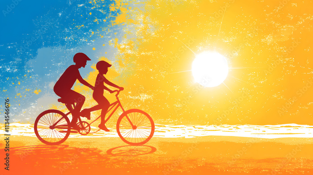 Fototapeta premium A colorful silhouette of two cyclists riding together against a vibrant sunset backdrop, symbolizing adventure and connection