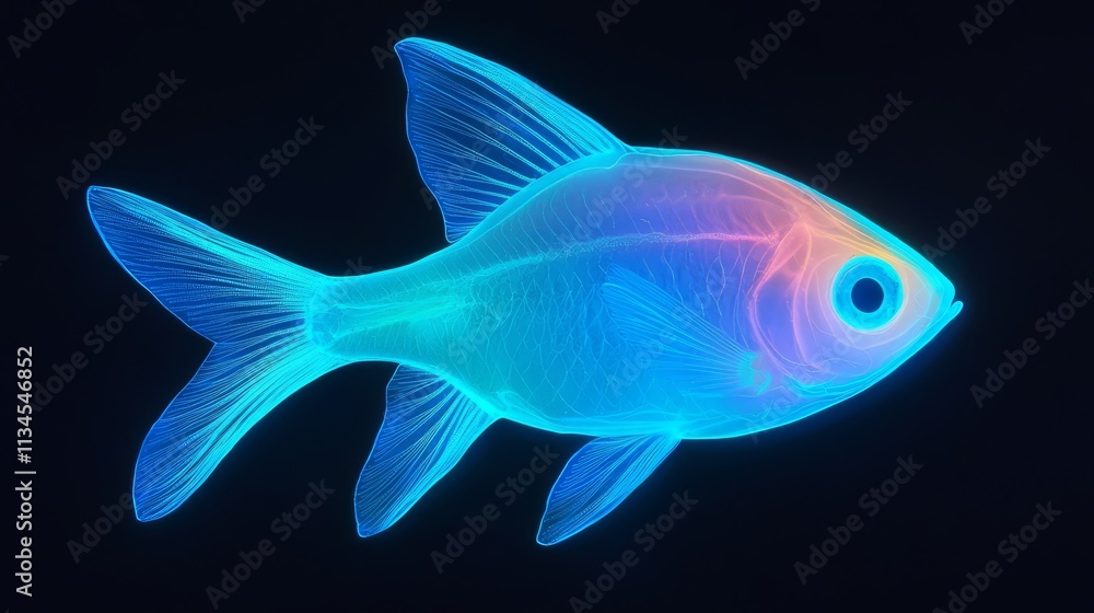 Neon Fish: A vibrant, neon-colored fish swims through a dark, enigmatic background. Its translucent fins and iridescent scales glow with an ethereal beauty. The fish's large. Neon Fish: A vibrant, neon-colored fish swims through a dark, enigmatic background. Its translucent fins and iridescent scales glow with an ethereal beauty. The fish's large.