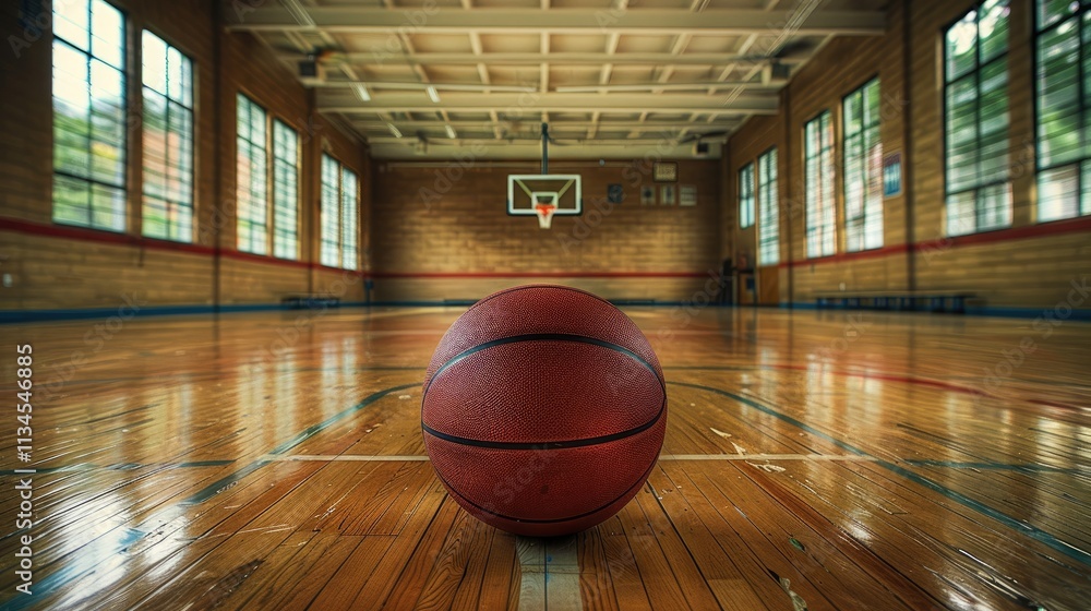 A basketball on a polished court in a gym, emphasizing sports and recreation. A basketball on a polished court in a gym, emphasizing sports and recreation.