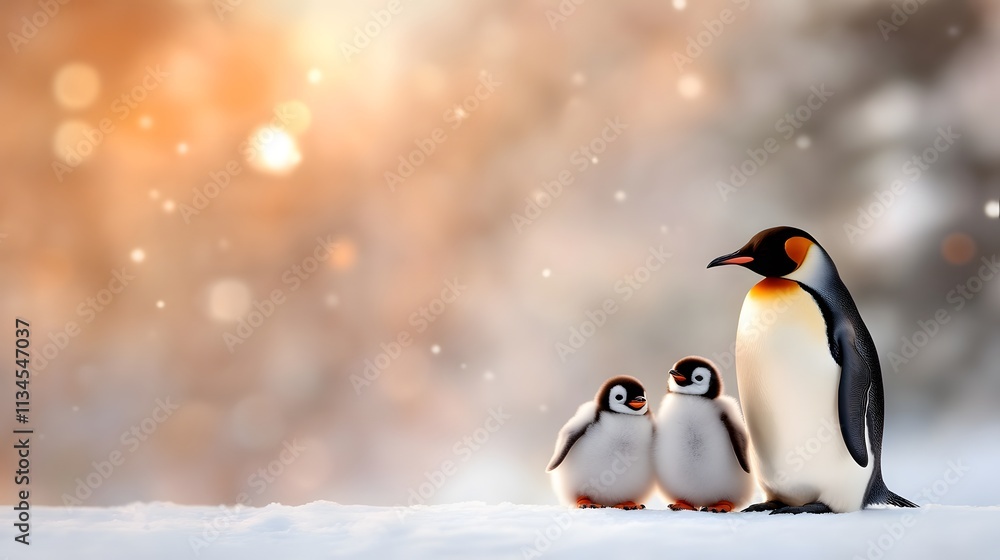 Fototapeta premium Penguin family huddled together against a snowy landscape, heartwarming National Penguin Day moment