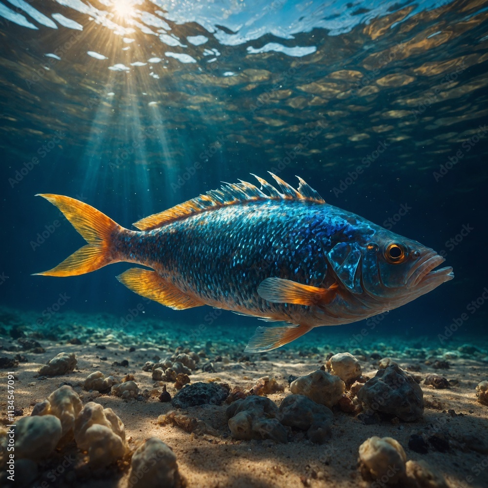A fish with glowing fins gliding through a desert of crystal shards refracting surreal colors. A fish with glowing fins gliding through a desert of crystal shards refracting surreal colors.