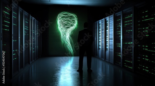 Abstract digital energy glowing in a server room, observed by man in silhouette. Symbolizes connection, technology, and data center operations in a futuristic setting.