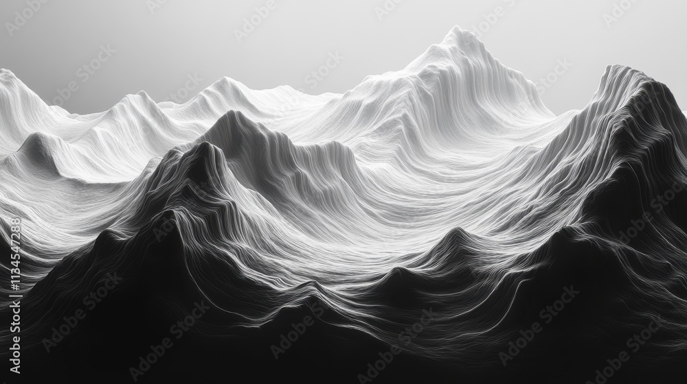 Striking contrast of black and white mountain ranges with intricate textures inviting exploration and imagination Striking contrast of black and white mountain ranges with intricate textures inviting exploration and imagination