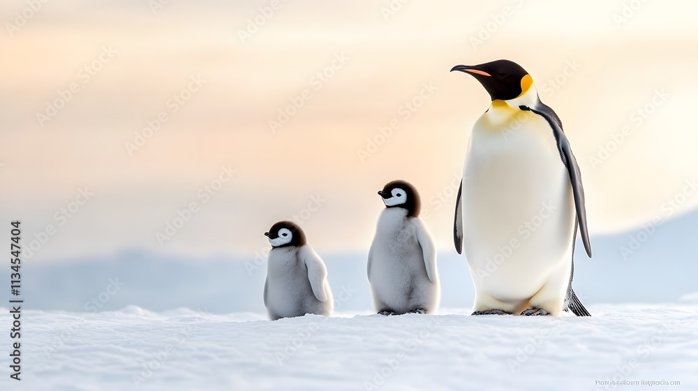 Fototapeta premium Emperor penguins and chicks nestled in the snow, endearing National Penguin Day atmosphere