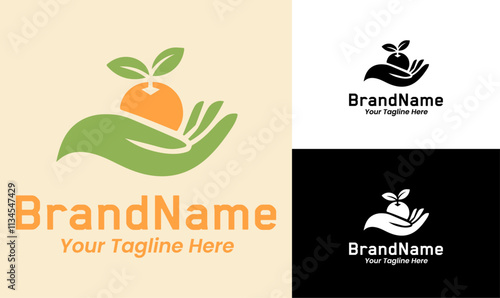 Organic Food Logo Design with Hand and Orange Illustration
