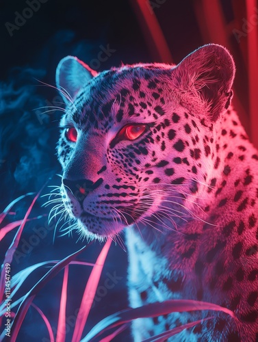 Neon Leopard: A striking digital art portrait of a snow leopard, illuminated by vibrant neon pink and blue light, creating a surreal and captivating atmosphere. photo