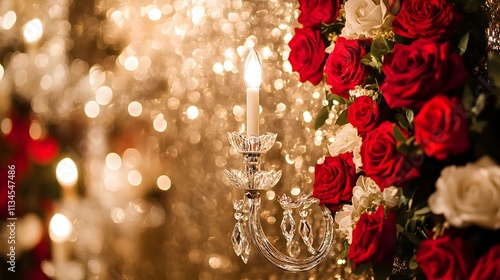 Fototapeta Naklejka Na Ścianę i Meble -  A glamorous wedding backdrop with a sequin-covered wall, crystal chandeliers, and lush red roses