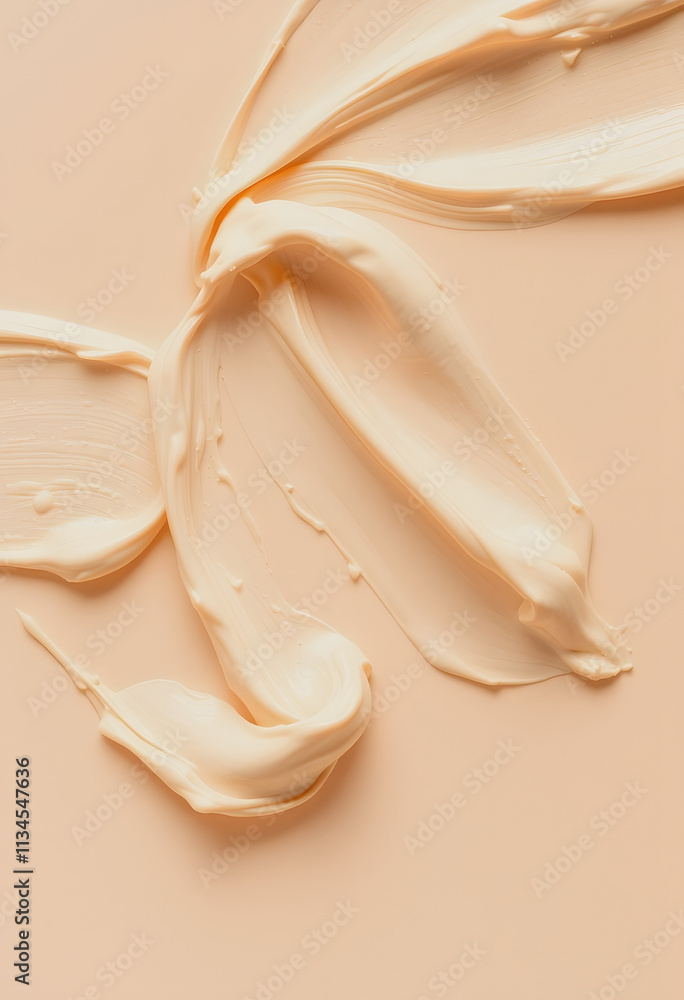 pattern cosmetic smears of creamy texture on a pastel beige background, blurry foreground, with white tones pattern cosmetic smears of creamy texture on a pastel beige background, blurry foreground, with white tones