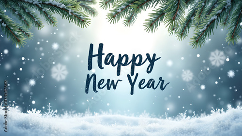 Happy New Year greeting card with snow and fir branches. Concept of celebration and holidays.