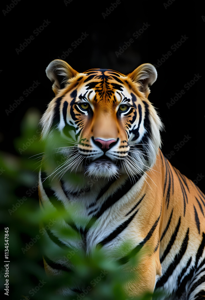 Fototapeta premium Portrait of a withe tiger with a black background, blurry foreground, with white tones