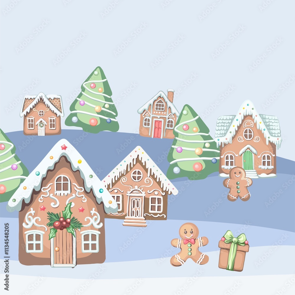 Naklejka premium Merry Christmas! Happy New Year - simple abstract pre-made background on a festive winter theme with a gingerbread house in a flat style. Digital illustration
