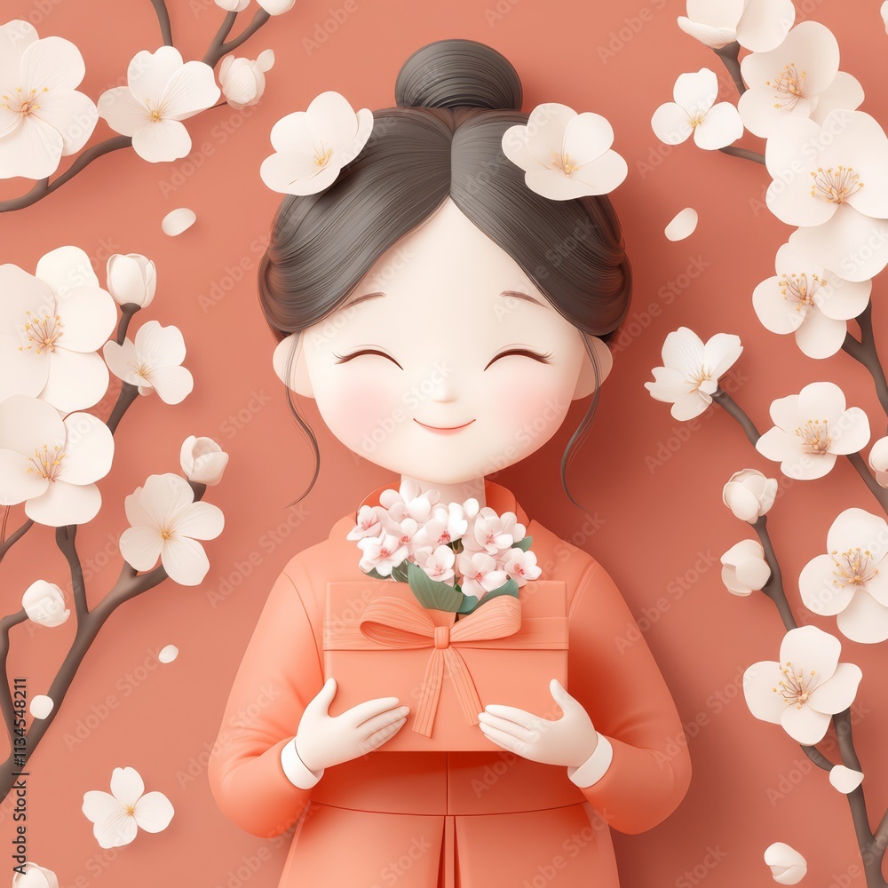 Springtime Delight: A whimsical illustration of a smiling girl surrounded by blooming cherry blossoms, holding a gift box, radiating joy and the promise of new beginnings. Springtime Delight: A whimsical illustration of a smiling girl surrounded by blooming cherry blossoms, holding a gift box, radiating joy and the promise of new beginnings.