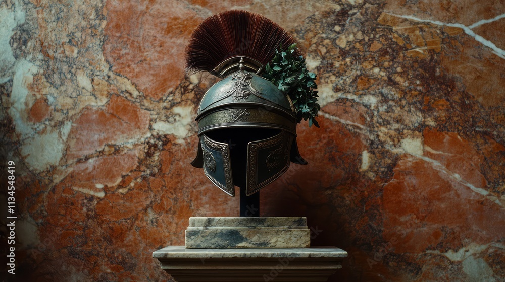 Ancient Spartan Helmet: A weathered Spartan helmet, with its iconic plume and detailed ornamentation, stands proudly on a marble plinth against a backdrop of rich, textured marble. Ancient Spartan Helmet: A weathered Spartan helmet, with its iconic plume and detailed ornamentation, stands proudly on a marble plinth against a backdrop of rich, textured marble.