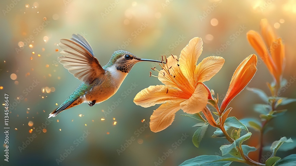 A Captivating Close up of a Tiny Hummingbird in Mid flight Next to a Vibrant Flower A Captivating Close up of a Tiny Hummingbird in Mid flight Next to a Vibrant Flower