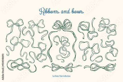 Minimalist hand drawn ribbons and bows vector illustration collection. Art for greeting cards, wedding invitations, poster design, postcards, branding, logo design, background.	