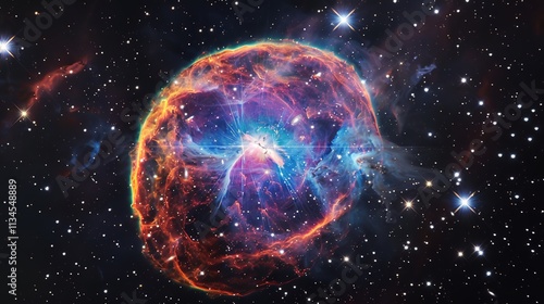 Illustration of a space cosmic background of supernova nebula and stars, glowing mysterious universe