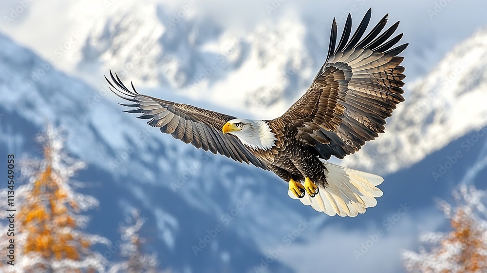 Majestic Eagle Soaring High Above Snowy Mountain Peaks Symbolizing Power and Freedom in Nature Majestic Eagle Soaring High Above Snowy Mountain Peaks Symbolizing Power and Freedom in Nature
