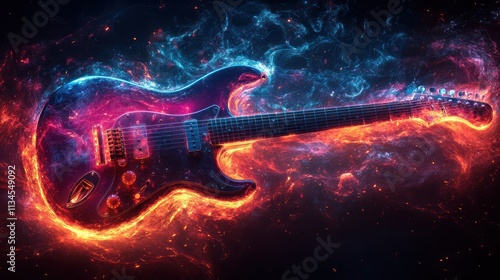 Electric guitar engulfed in fiery, vibrant flames and smoke.