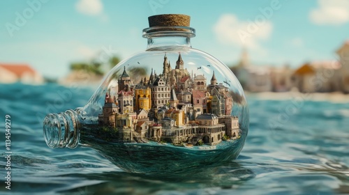 A miniature, detailed city contained within a glass bottle, floating in the middle of an endless ocean.