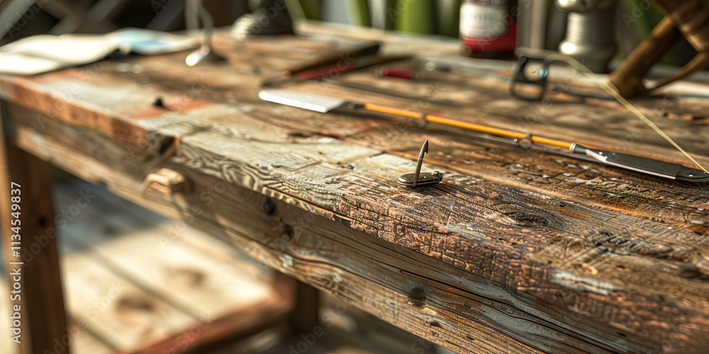 Rustic Wooden Table with Fishing Equipment Rustic Wooden Table with Fishing Equipment