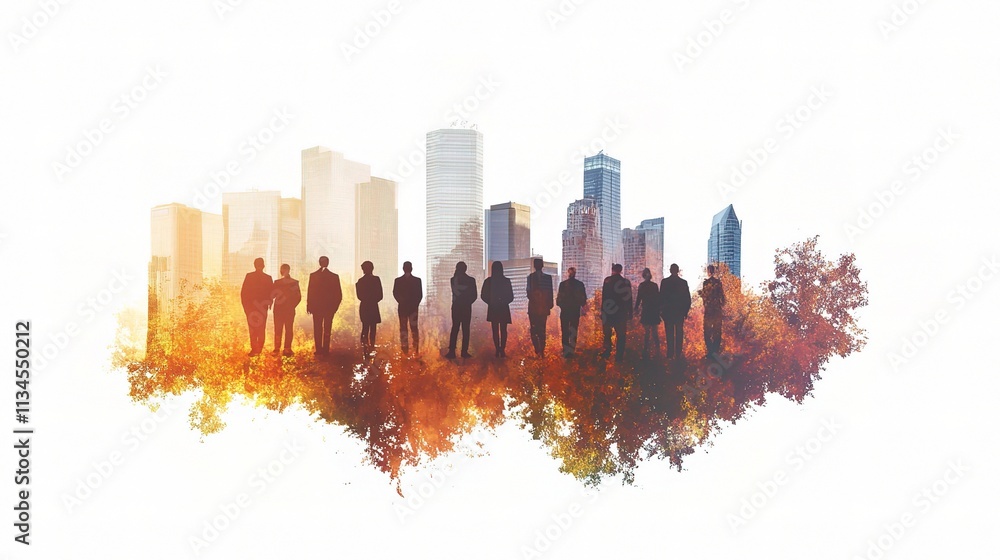 Obraz premium Business Conference Group with Silhouettes and Cityscape Background