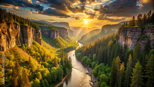 majestic river winding through towering cliffs and dense forest, illuminated by stunning sunset. vibrant colors create serene and breathtaking landscape photo