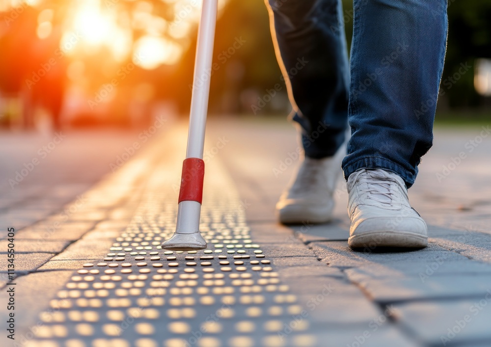 A blind person navigating a tactile walking path with a white cane A blind person navigating a tactile walking path with a white cane