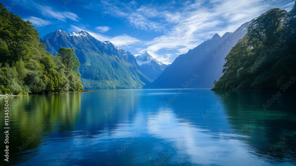 Fototapeta premium Tranquil Mountain Lake Reflection, Serene Snow-Capped Lake View