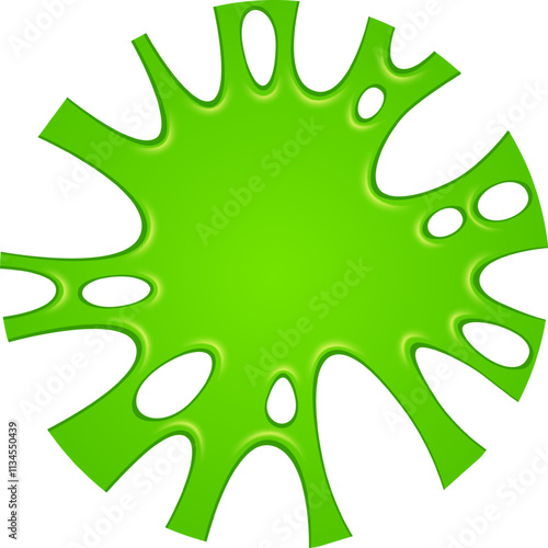 Bright green slime splashing against a white background, creating a playful and messy scene with various sized holes, evoking a fun and vibrant atmosphere