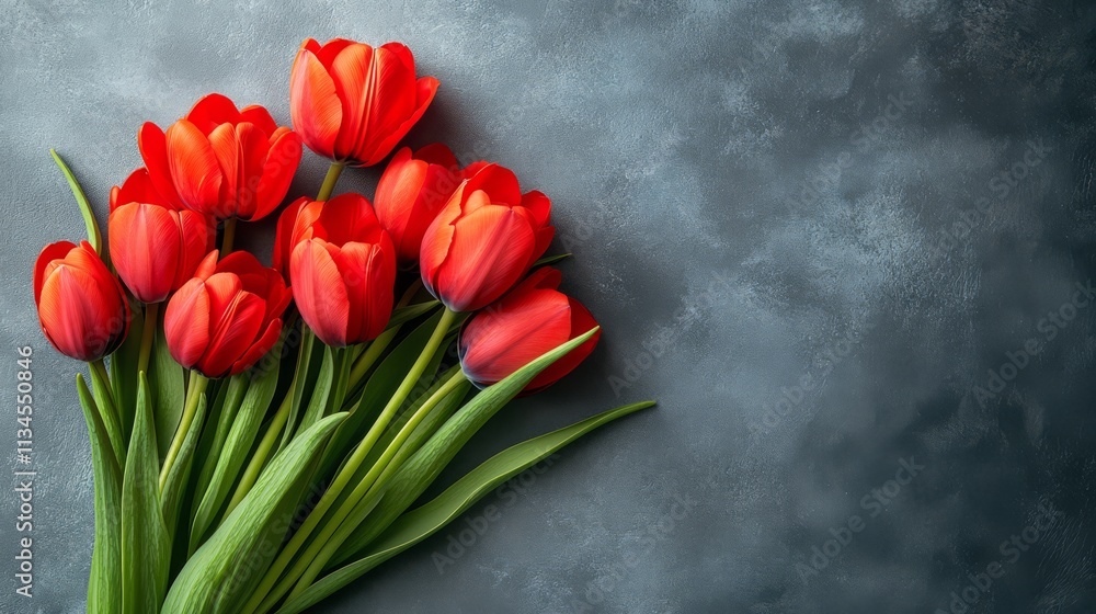 Red Tulips Bouquet: A vibrant and alluring display of red tulips on a textured gray background, their delicate petals and lush green leaves radiating beauty and spring-like energy. Red Tulips Bouquet: A vibrant and alluring display of red tulips on a textured gray background, their delicate petals and lush green leaves radiating beauty and spring-like energy.