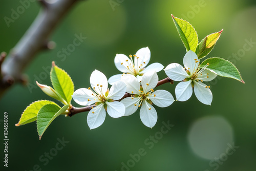 branch blooms white flowers new green photo