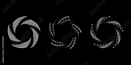 Set of white dotted vortex shapes. Circle form. Geometric art. Trendy design element for logo, tattoo, sign, symbol, web, prints, posters, social media, template, pattern, abstract backdrop