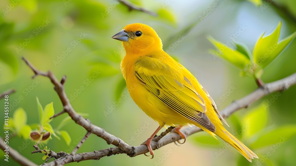 Bright Yellow Bird Sitting on Branch Against Green Foliage Background Bright Yellow Bird Sitting on Branch Against Green Foliage Background