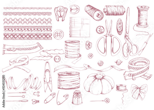 Red scissors ribbon thread bobbins lace pin cushion buttons thimble pins needles. Hand drawn ink vector illustration sewing craft supplies. Objects set isolated on white. Atelier, tailor, hobby shop