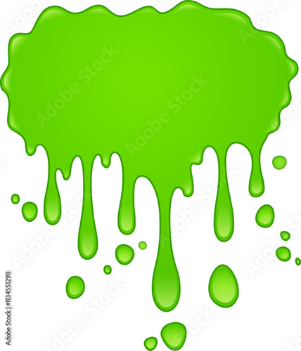 Viscous bright green goo is slowly dripping down, forming drops and blobs of various sizes, creating an abstract, playful, and slightly messy visual photo