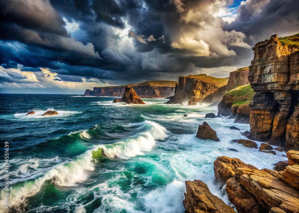Turbulent sea waves crash against rugged rocky cliffs under dramatic clouds, creating stunning coastal landscape. intense dark topaz waters reflect stormy sky Turbulent sea waves crash against rugged rocky cliffs under dramatic clouds, creating stunning coastal landscape. intense dark topaz waters reflect stormy sky