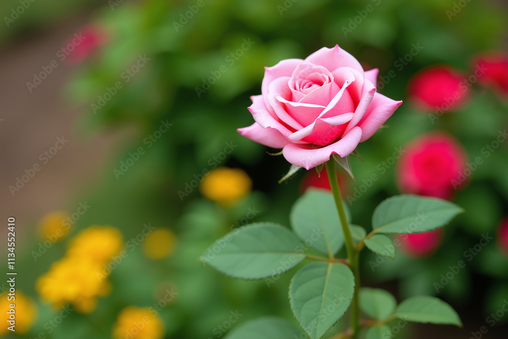 single pink rose located beautiful outdoor garden setting surrounded lush greenery vibrant single pink rose located beautiful outdoor garden setting surrounded lush greenery vibrant