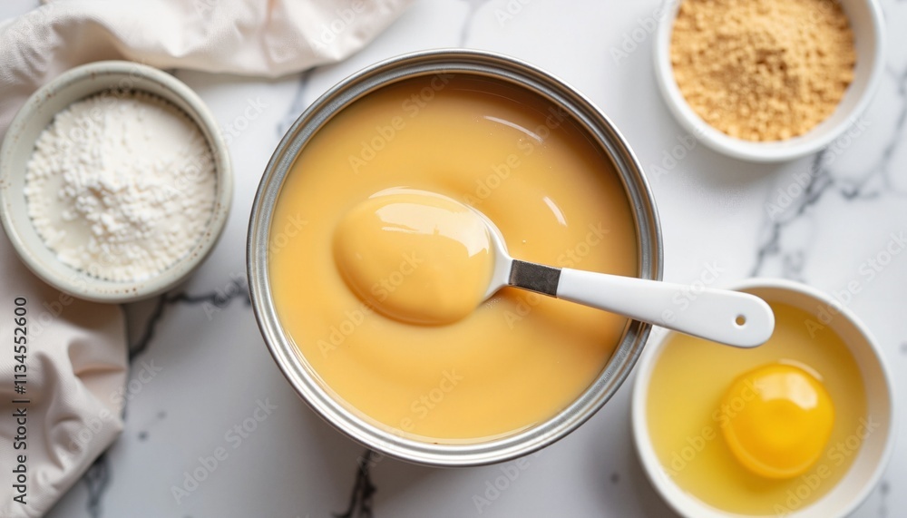 Dulce de leche preparation ingredients with a fresh egg, neutral mood, marble countertop Dulce de leche preparation ingredients with a fresh egg, neutral mood, marble countertop
