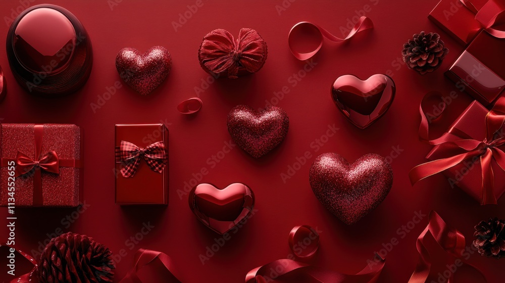 Red Valentines Day gifts hearts and ribbons Red Valentines Day gifts hearts and ribbons