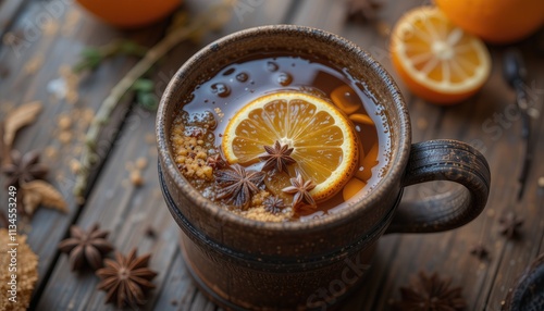 Hot spiced mulled wine with citrus and cinnamon in a cup