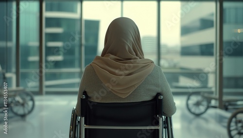 A Muslim woman with a hijab sitting on an wheelchair photo