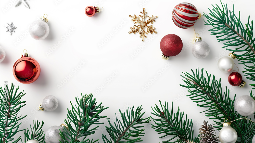 Christmas scene with fir tree branches, red and silver ornaments and snowflake on white background Christmas scene with fir tree branches, red and silver ornaments and snowflake on white background