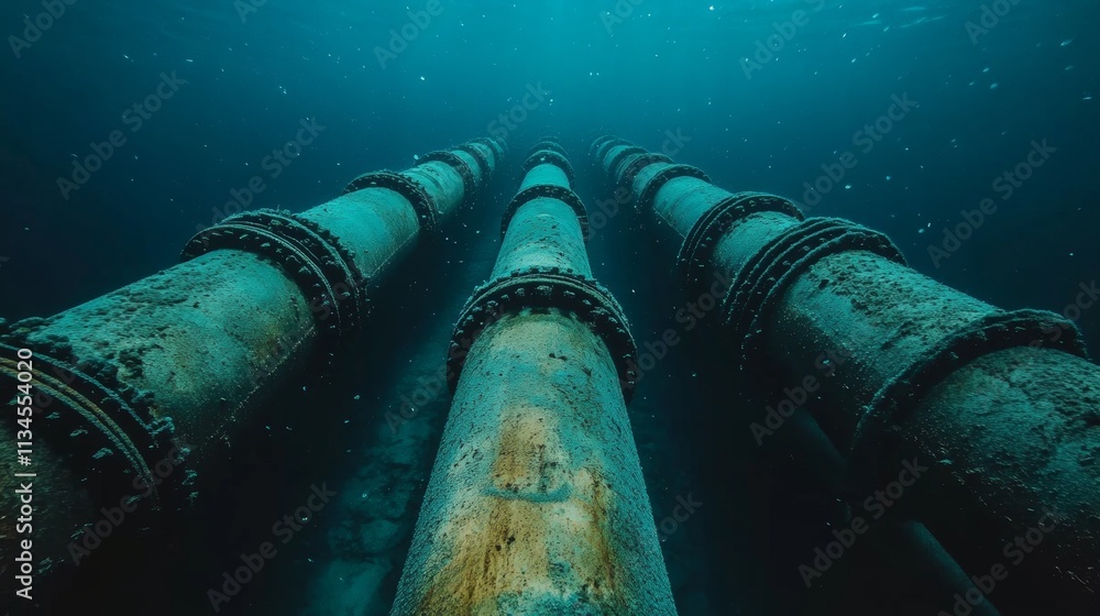 Underwater View of Old Rusty Pipes in Deep Water Underwater View of Old Rusty Pipes in Deep Water