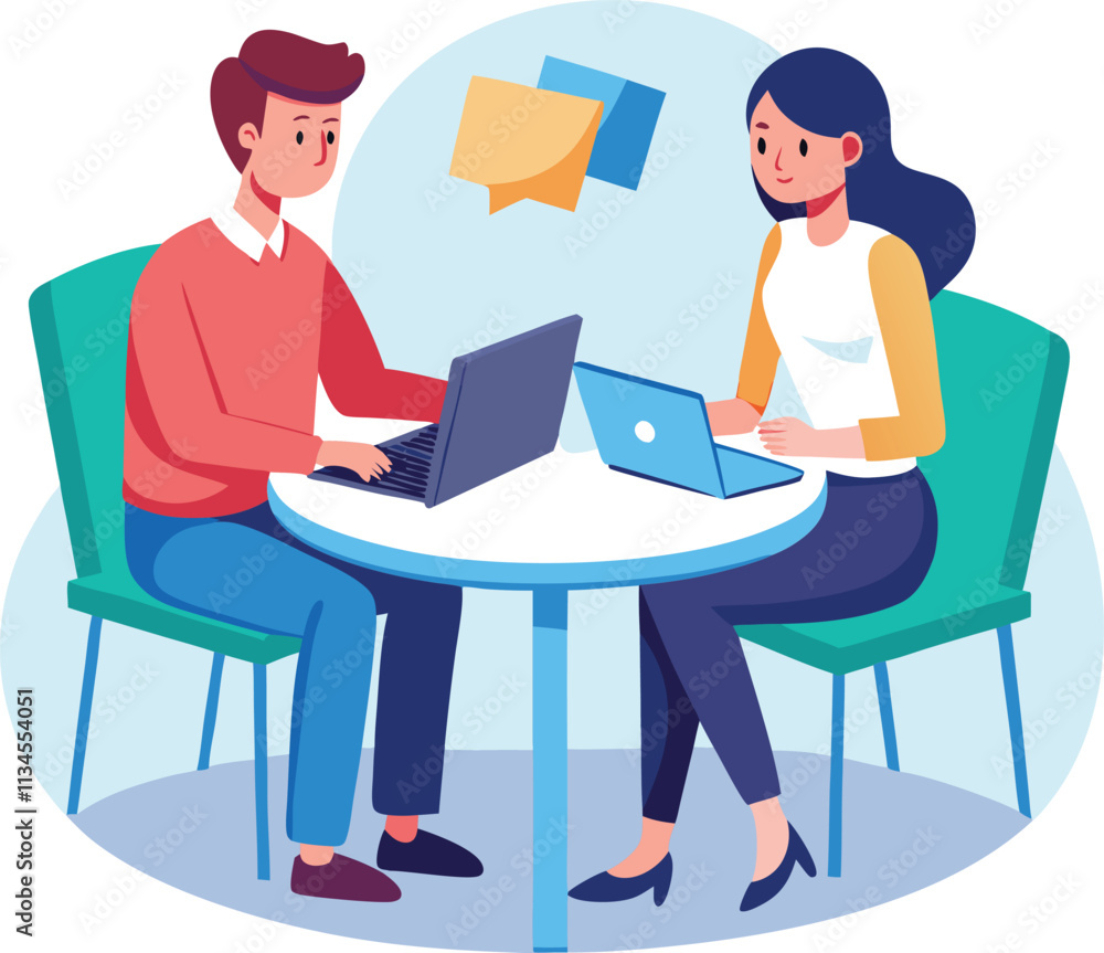 Partners meeting for business discussion with documents and laptop on desk. Couple at round table, speaking, discussing work, partnership. Flat vector on a white background Partners meeting for business discussion with documents and laptop on desk. Couple at round table, speaking, discussing work, partnership. Flat vector on a white background
